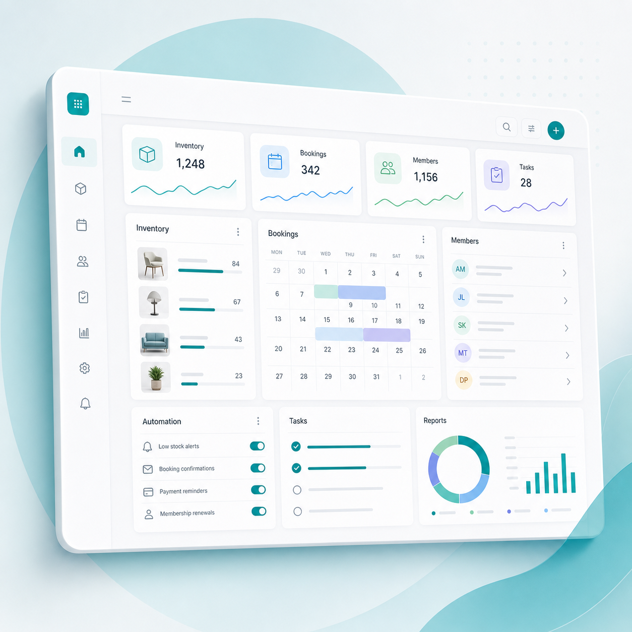 Dashboard for inventory, bookings, members, automation, and reports
